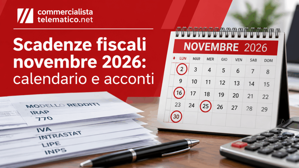 Scadenze fiscali novembre 2026: dichiarazioni al 2 novembre, IVA e INPS il 16, secondo acconto, bollo e rottamazione il 30.